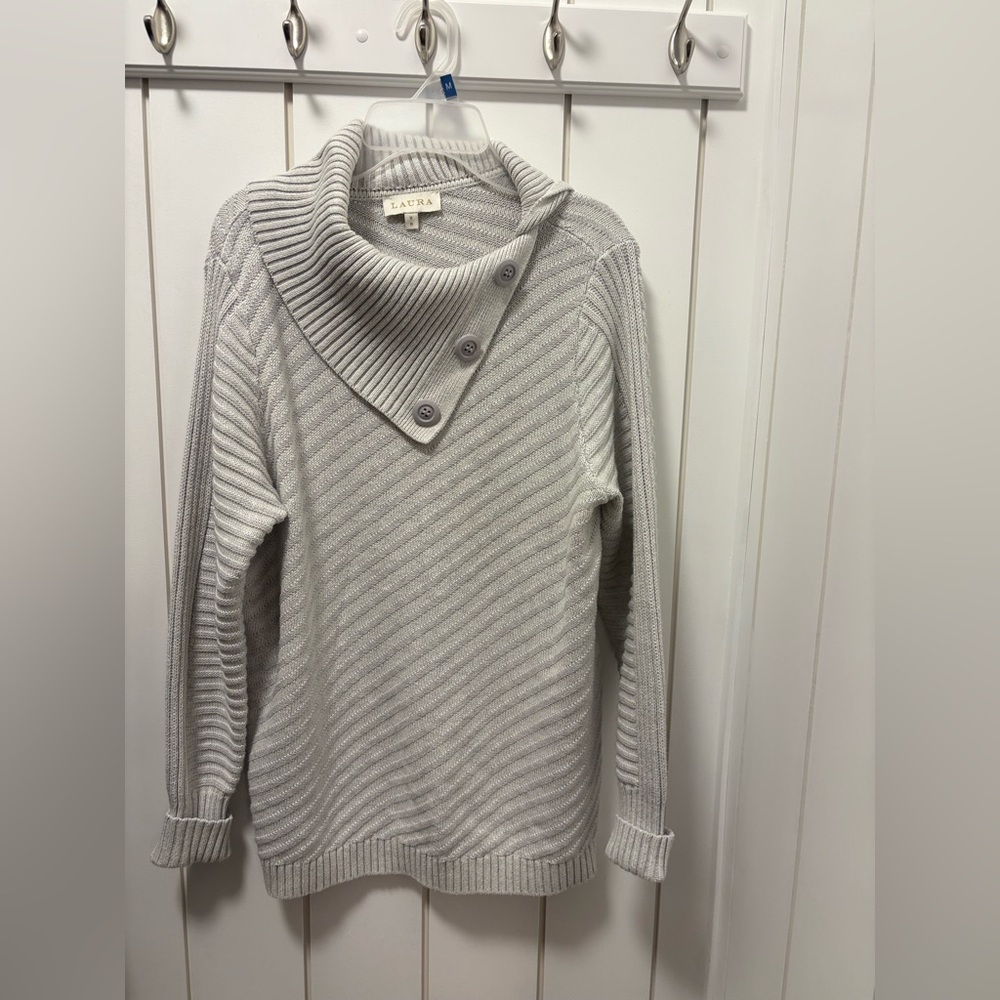 Laura Light Gray Ribbed Cowl Neck Sweater
